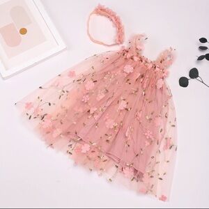 Summer Pink Floral Tulle Dress with Headband